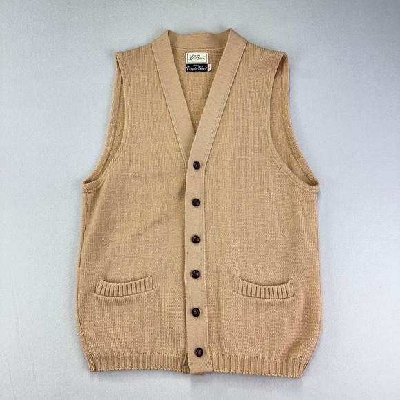 Vintage 50s 60s LL BEAN Sweater Vest Mens Medium Tan Wool Knit Grandpa Cardigan - Picture 1 of 8